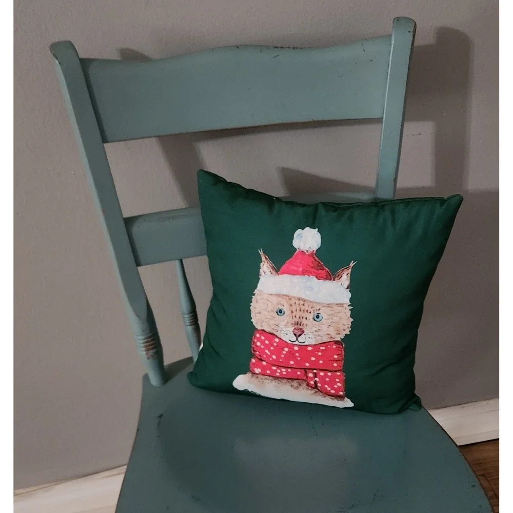 Christmas‎ Cat Accent Throw Pillow Green Red Scarf Holiday Decor